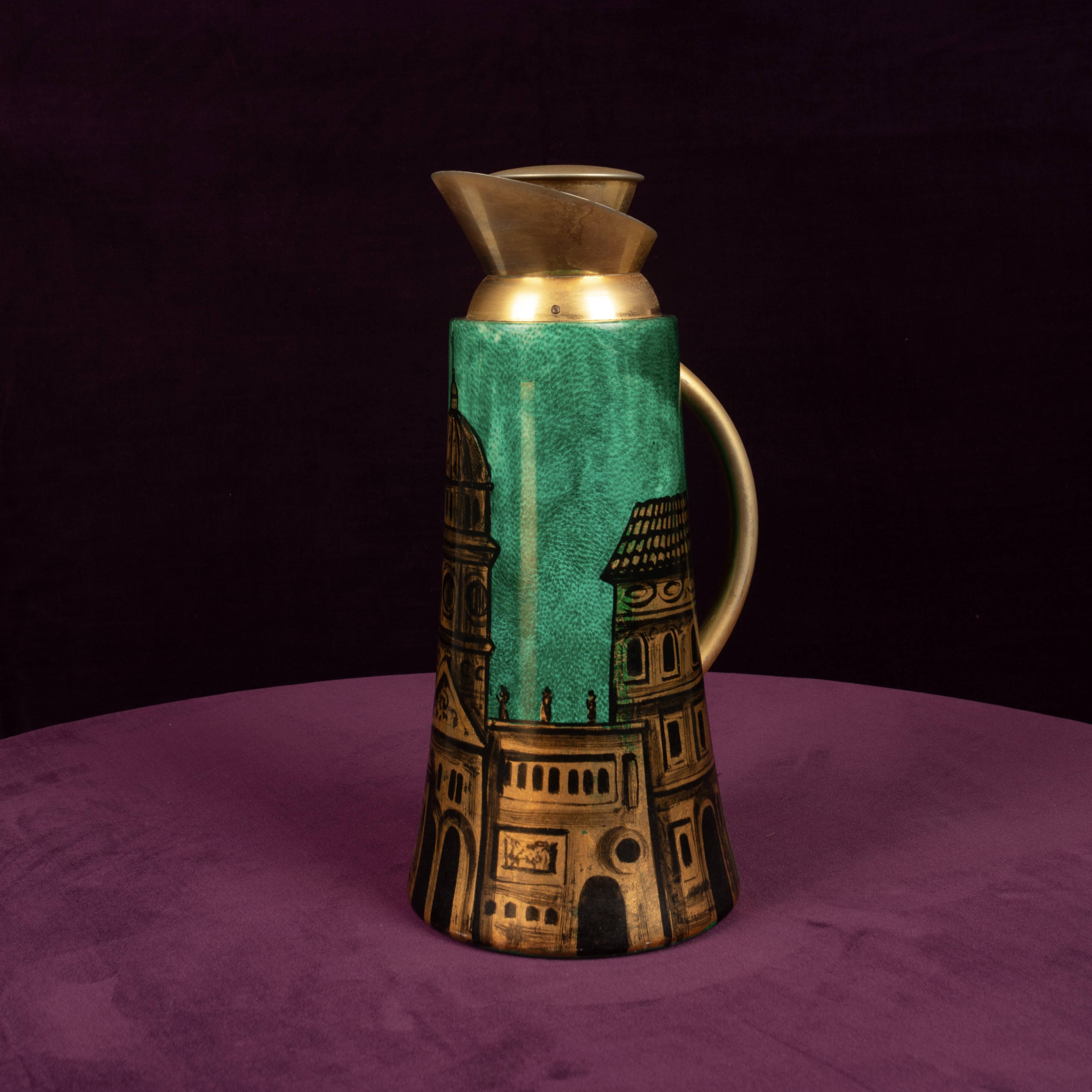 Aldo Tura Mod. 968D Hand-Decorated Green Goatskin Parchment Thermos Italy 1960
