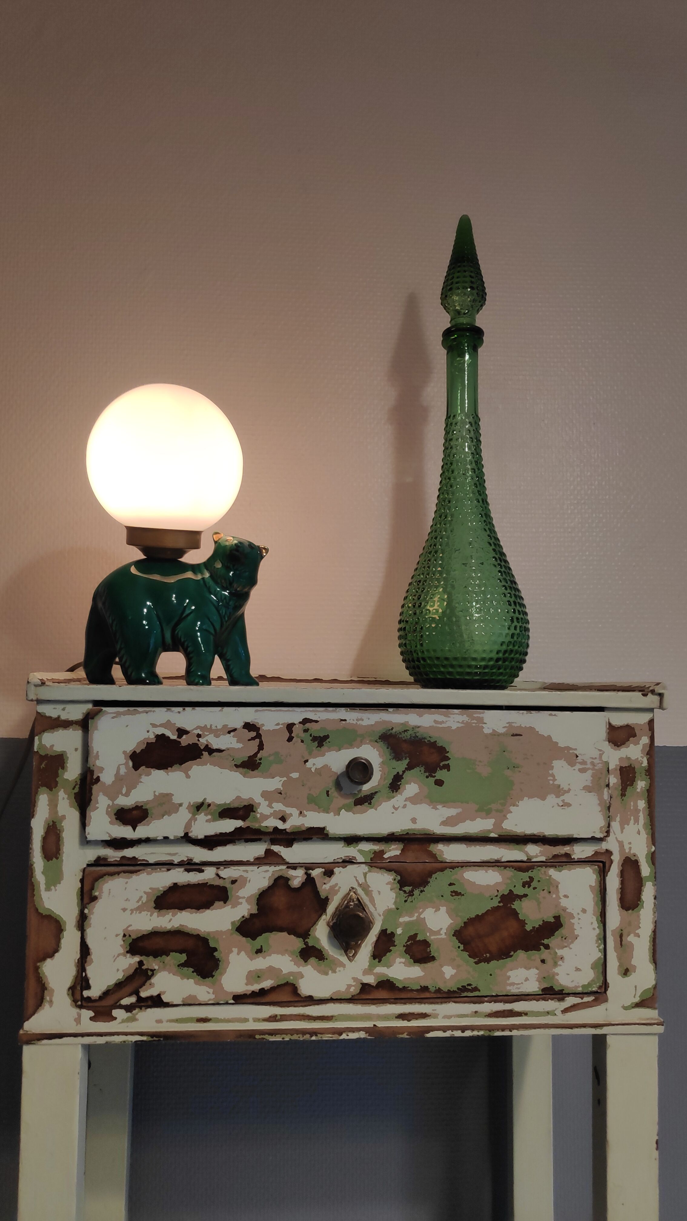Green ceramic bear lamp and white opaline globe