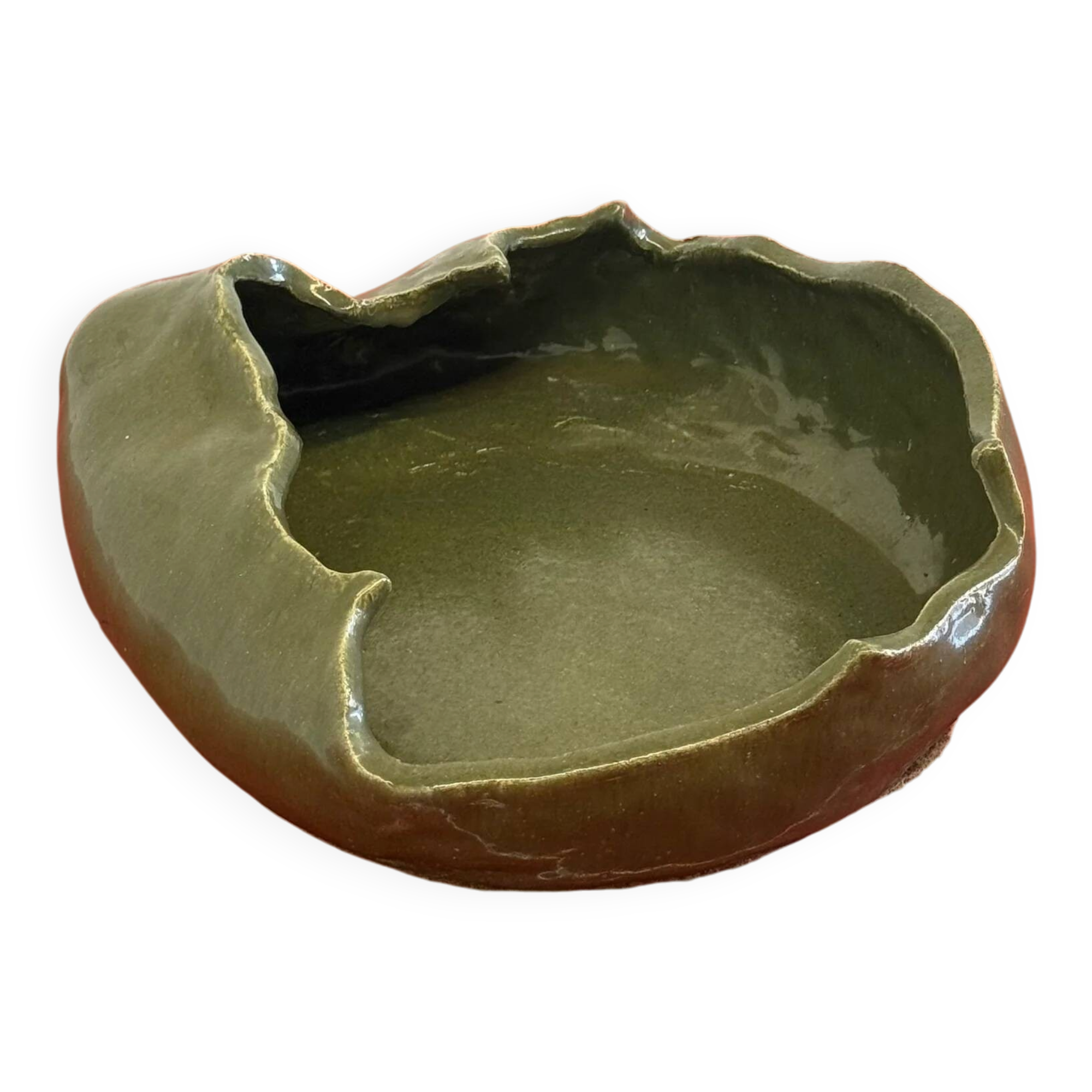 Vintage ceramic asymmetrical bowl in olive green