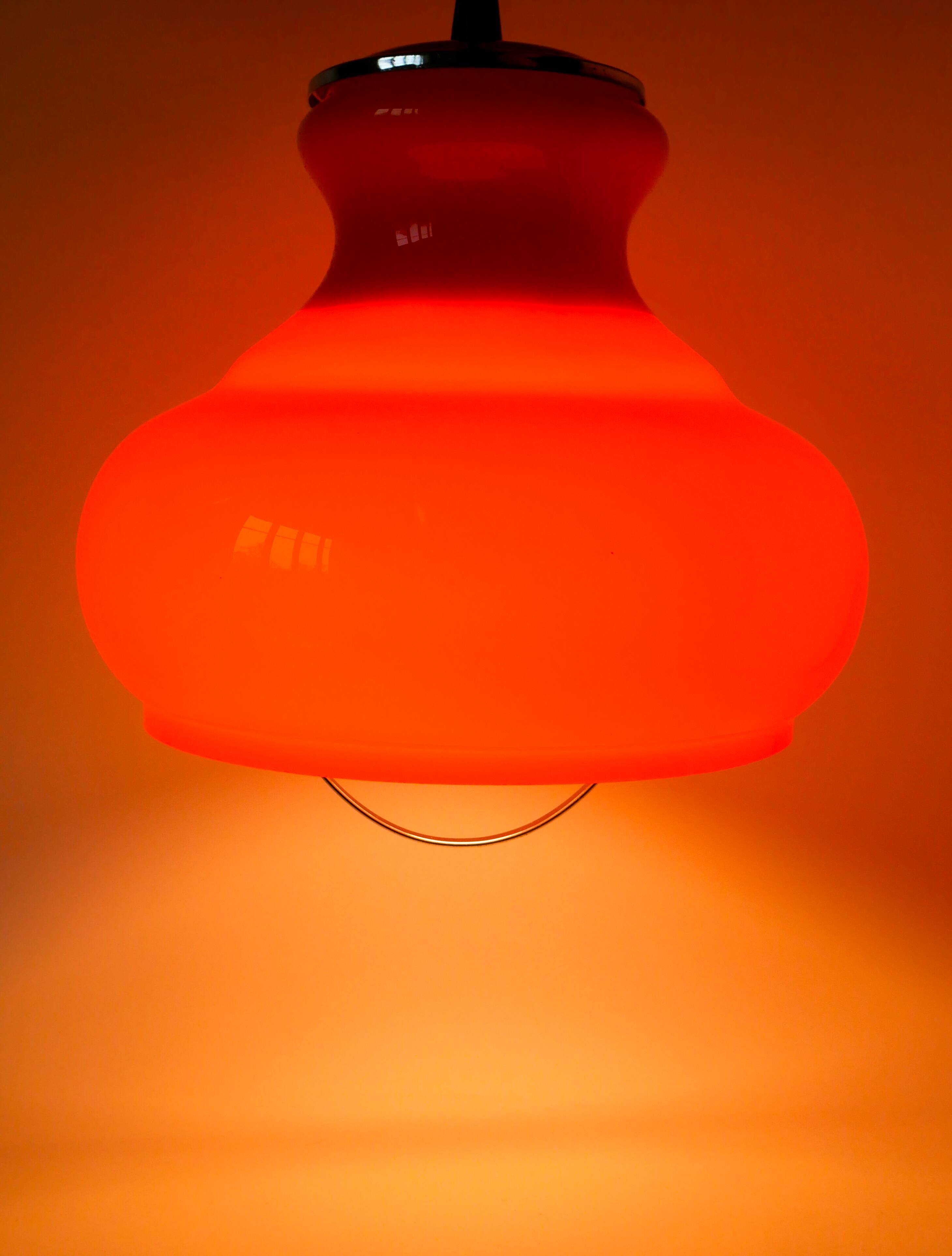 Orange opaline pendant light with metal arch, Design, 1970