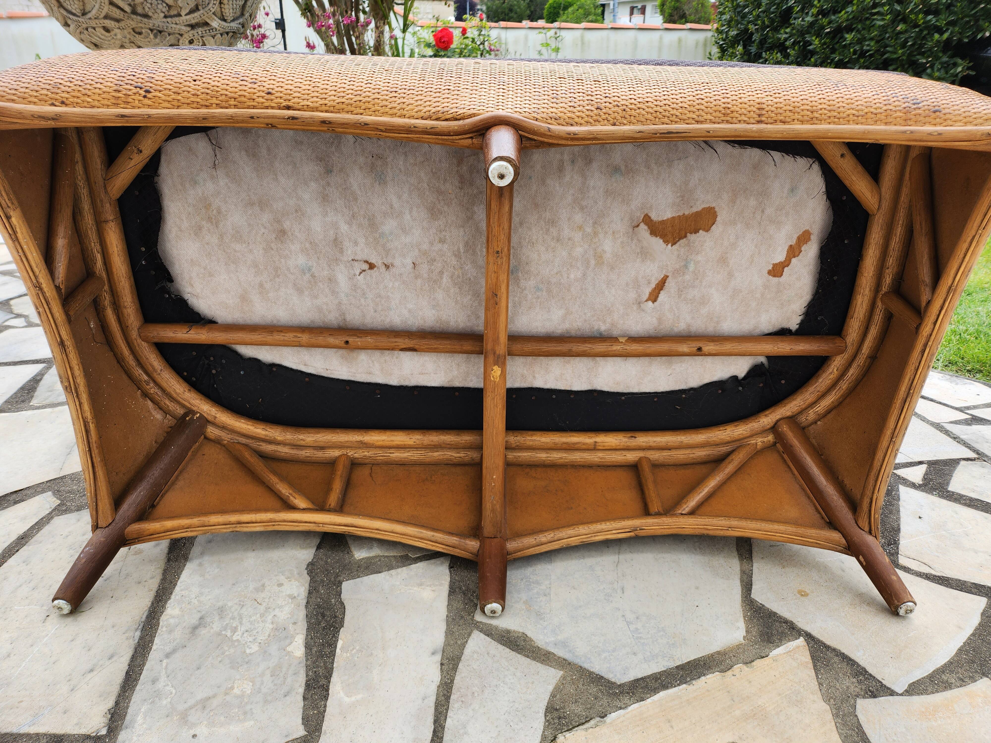 Vintage bench 2 places in rattan and woven rice straw.