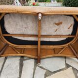 Vintage bench 2 places in rattan and woven rice straw.