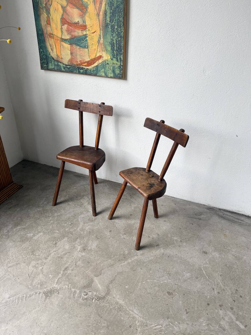 Pair of Savoyard tripod chairs, folk art, oak.