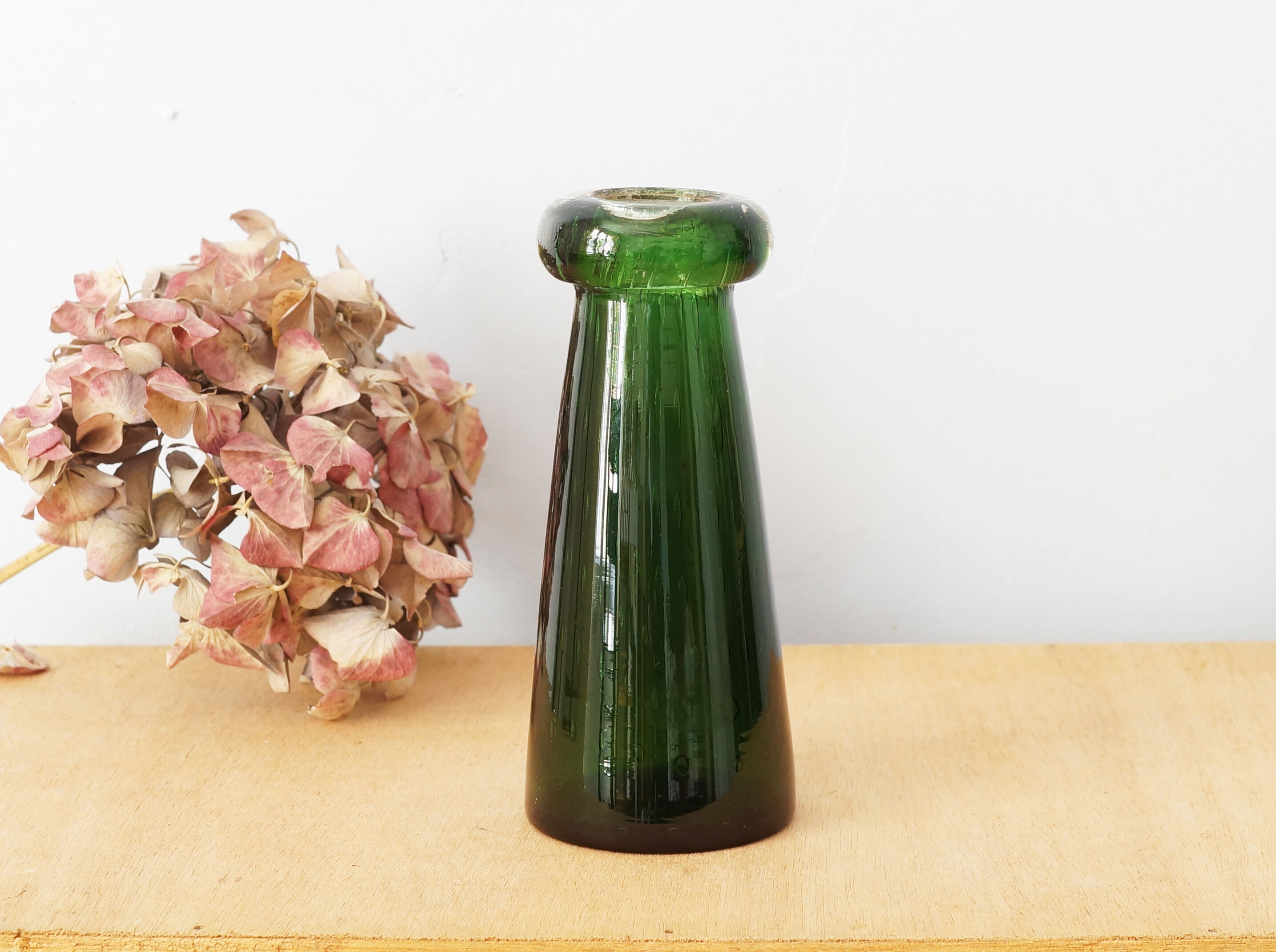 Green glass vase, bubbled blown glass, vintage