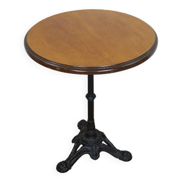 Vintage pedestal table or bistro table, oak top with a honey-colored finish