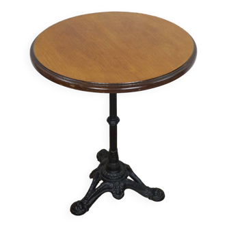 Vintage pedestal table or bistro table, oak top with a honey-colored finish