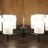 Chandelier space age 6 lights in chrome & glass molded by Hillebrand Lighting, 1960s