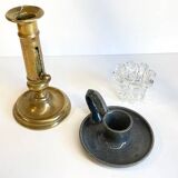 3 candlesticks in vintage brass and crystal
