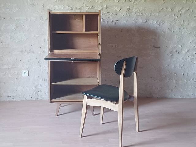 Vintage 1960s secretary with slanted design, light wood, compass legs