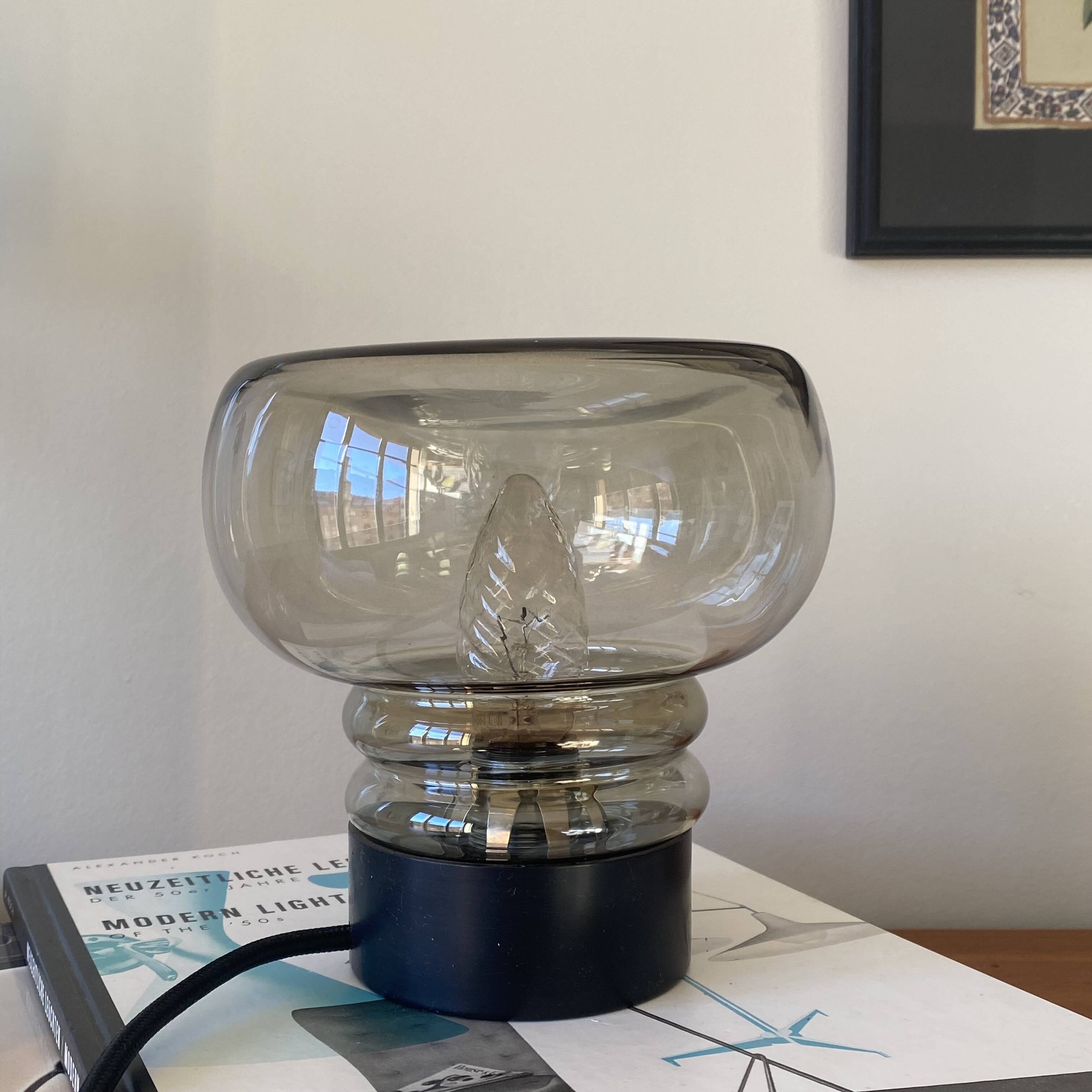 Table lamp desk bedside Sciolari smoked glass globe black plastic base