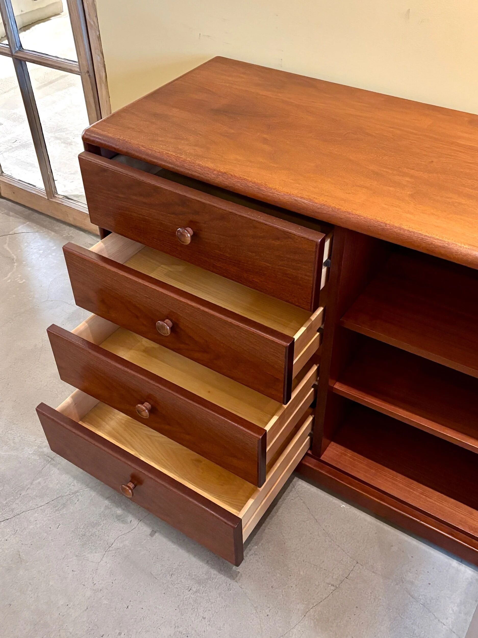 Chest of drawers, buffet with 3 drawers, 1 door in dark wood, France 1982