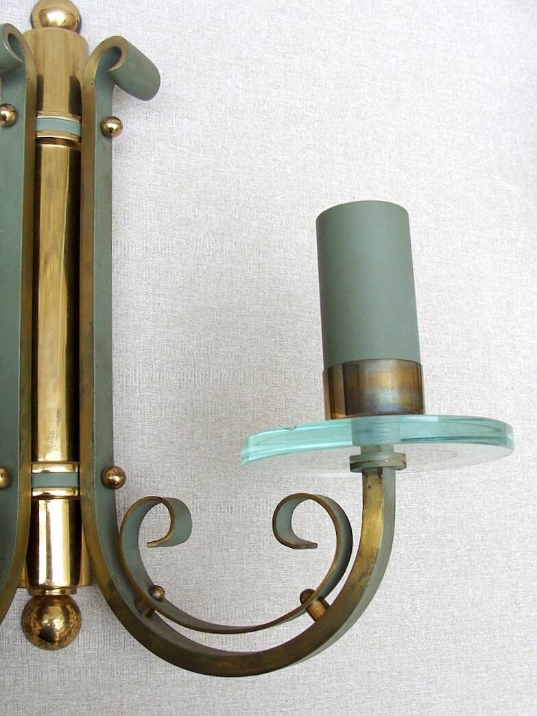 Pair of art deco lacquered metal, brass and glass wall lights