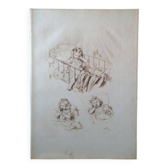 une planche héliogravure de Dujardin  enfant  illustrateur Adrien Marie 1883 ( lire description )