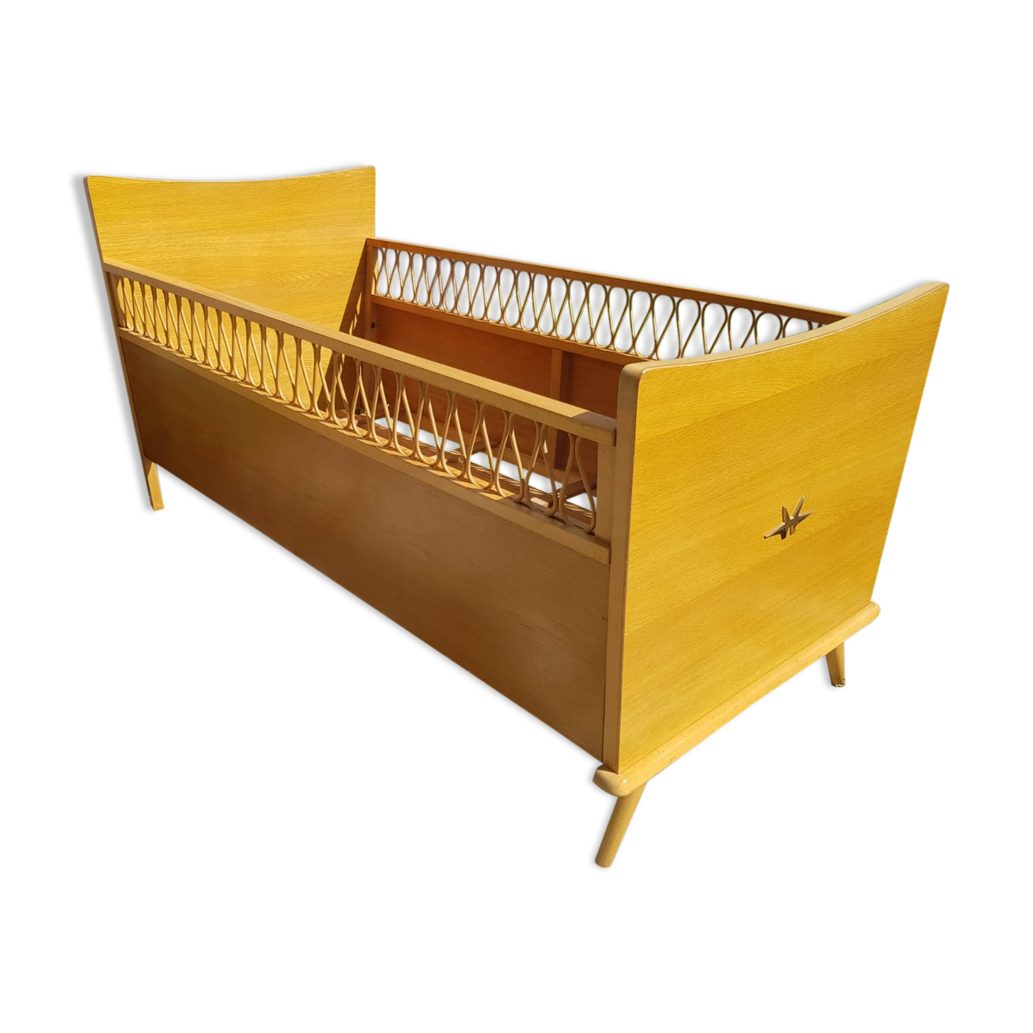 Scandinavian children's bed, wooden compass feet with vintage curved rattan