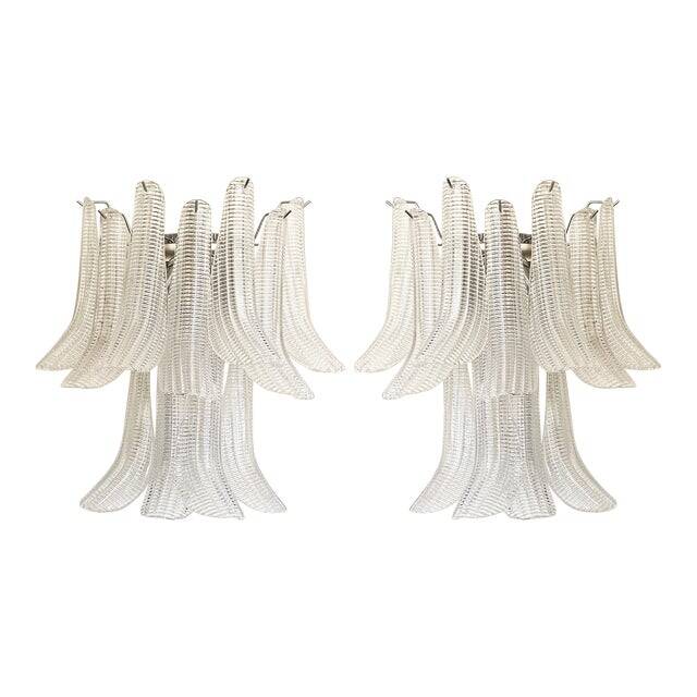 Contemporary Transparent Diamanted Murano Glass "Selle" Wall Sconces in Mazzega Style - A Pair