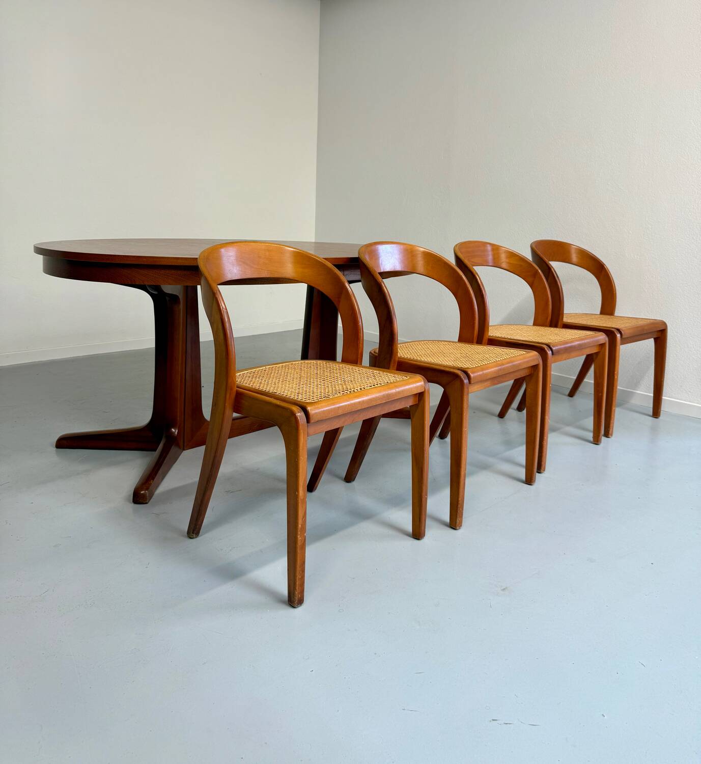 Set of 4 Baumann chairs, Gondola model, wood and cane, 70s
