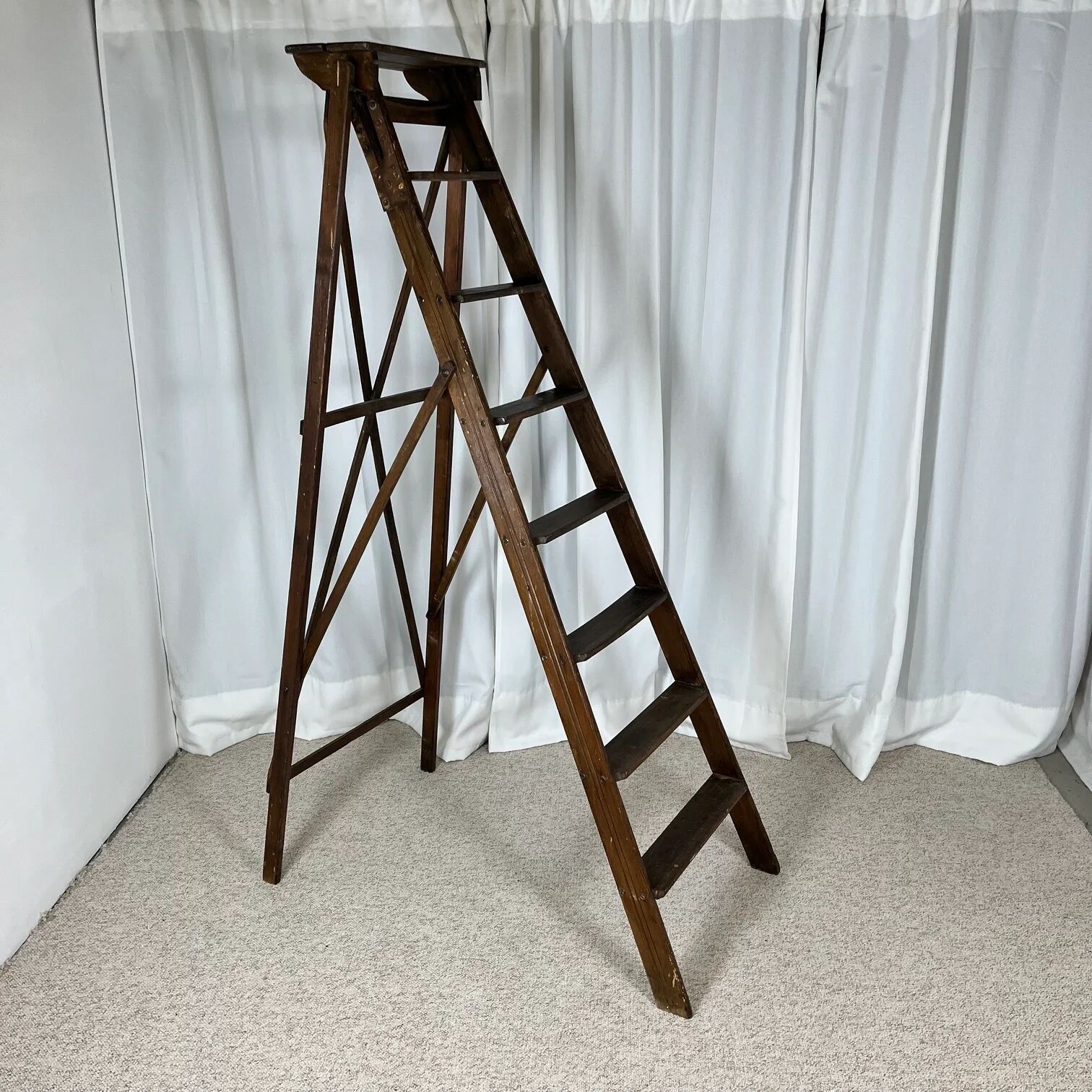 Large wooden painter's step ladder, patinated, 20th century