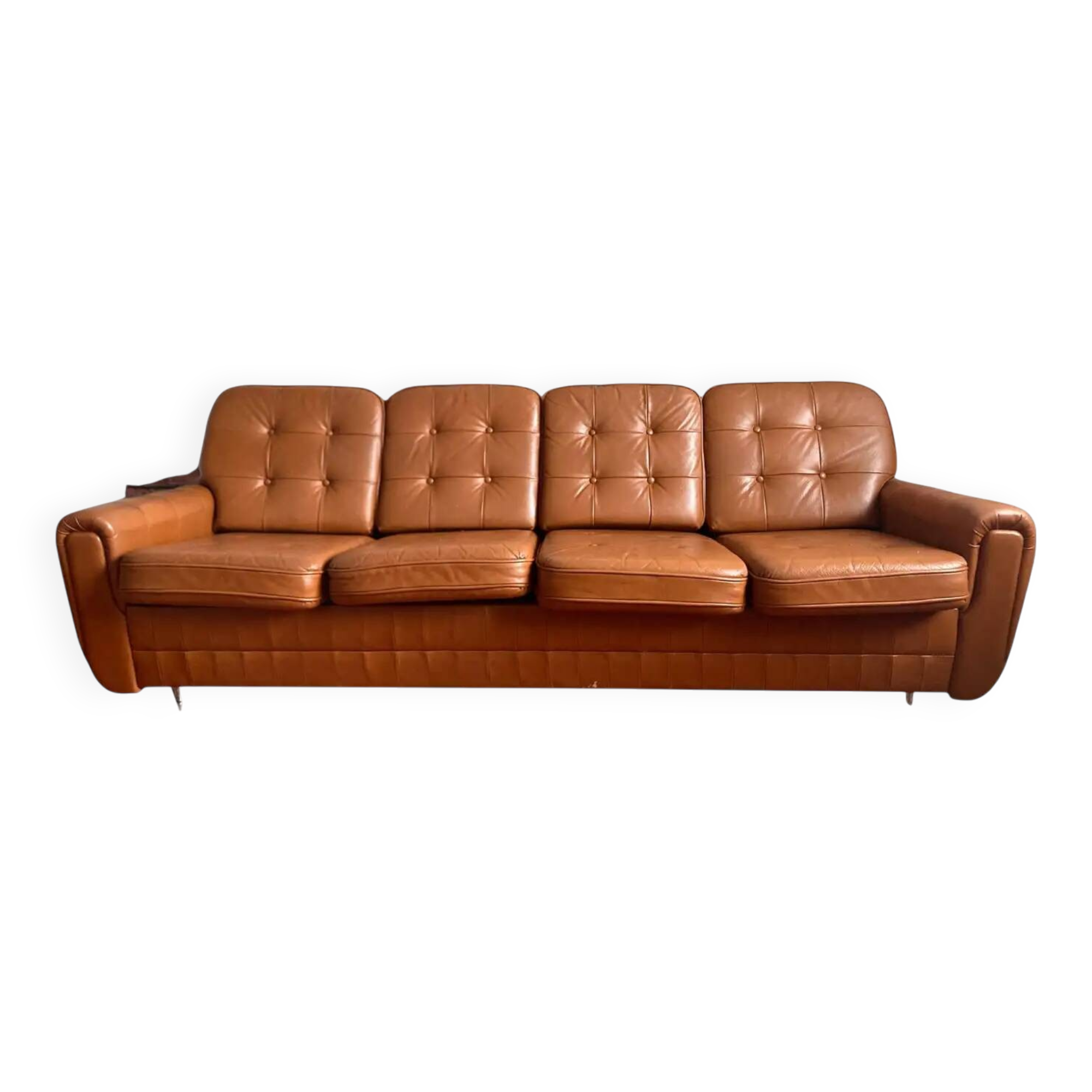 Canapé 4 places en cuir marron, Tchécoslovaquie années 1970