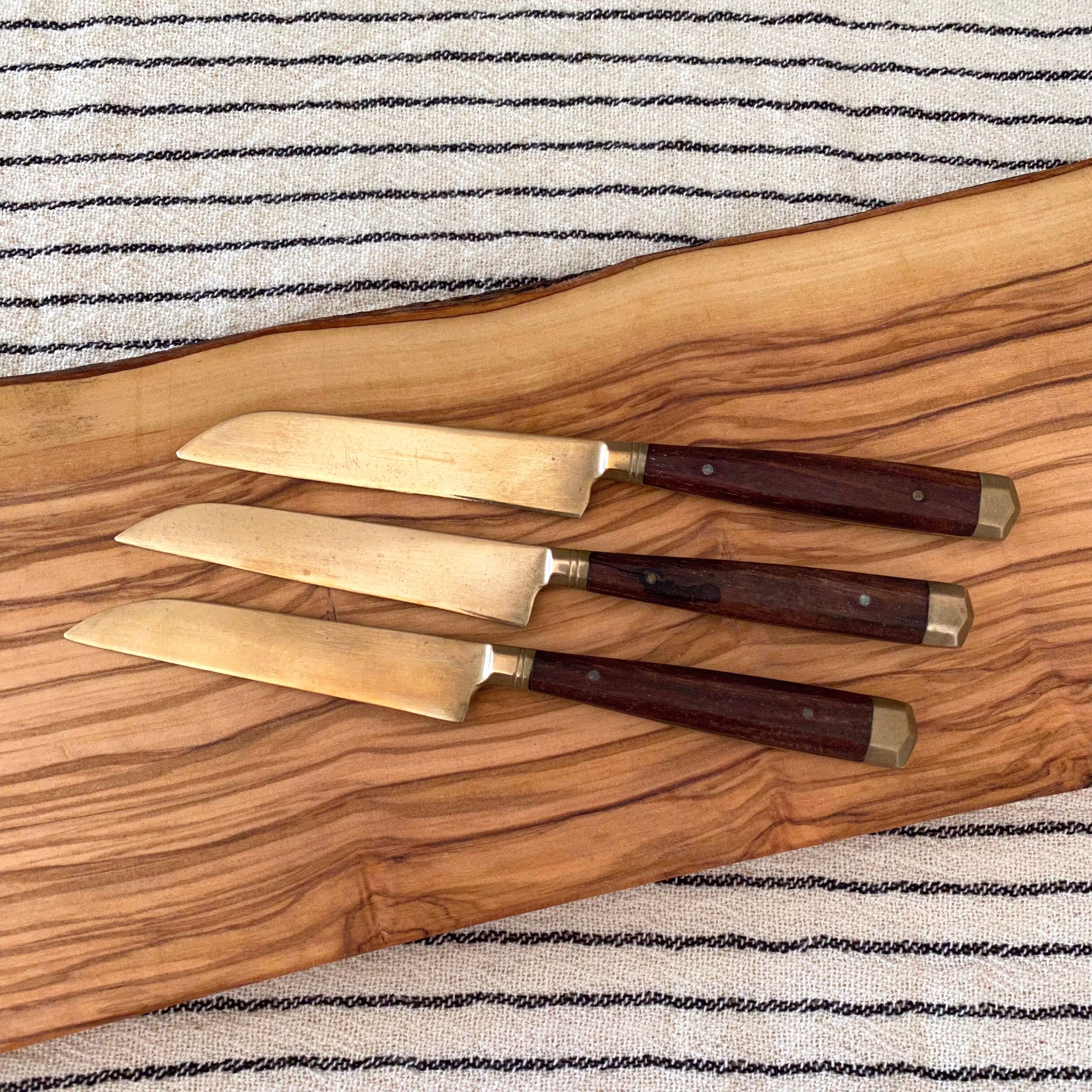 8 Vintage Knives, Antique Fruit Knives, Wooden Knife Set, Brass, Mid Century Cutlery.