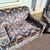 3-seater sofa + 2 vintage armchairs in multicoloured fabric retro design