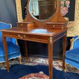 Louis XVI style mahogany and solid walnut dressing table with oval mirror