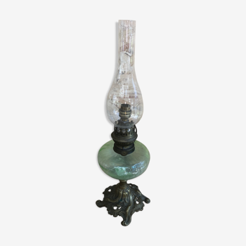 Old lamp oil pedestal bronze & body green glass