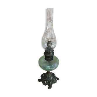 Old lamp oil pedestal bronze & body green glass