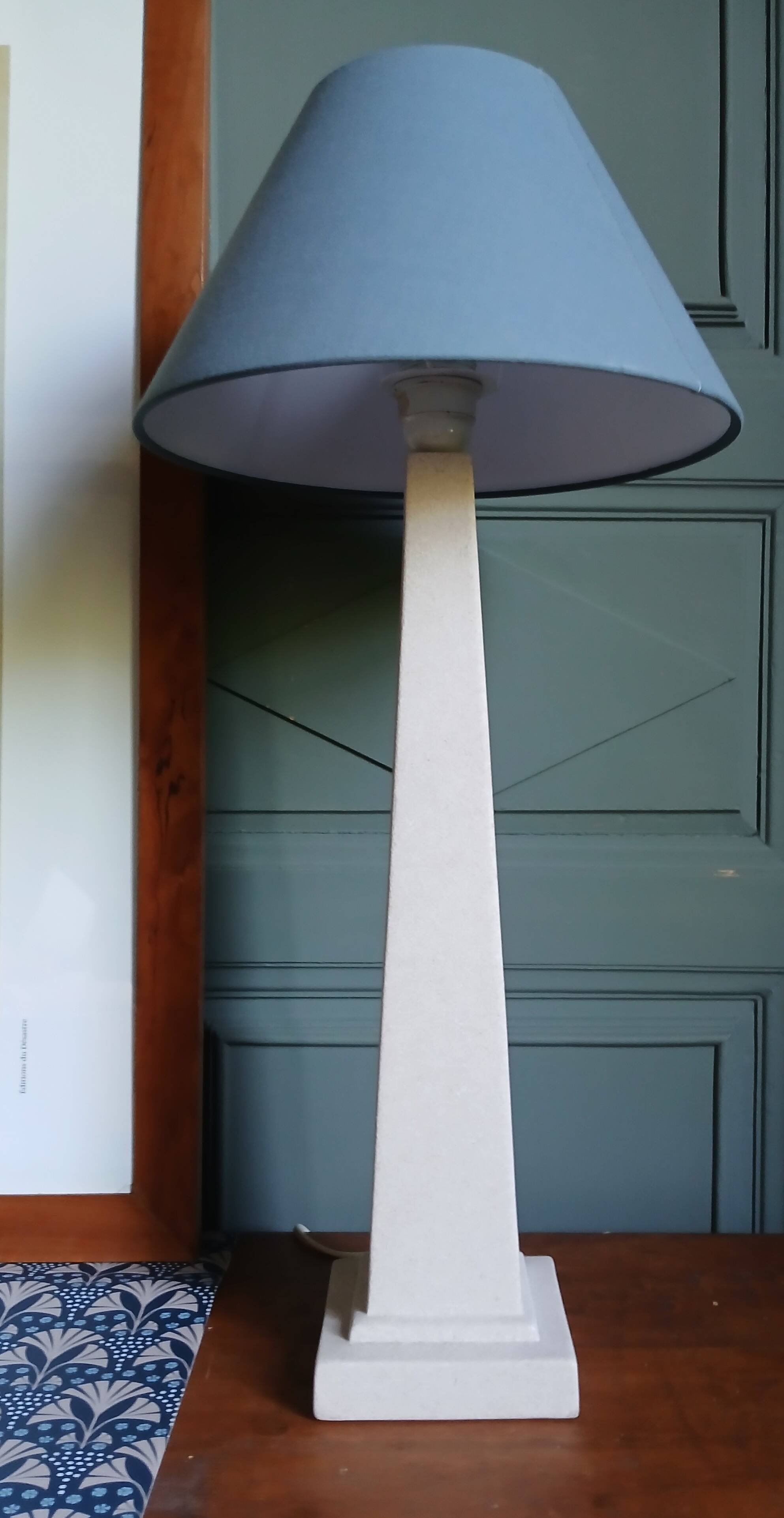 Obelisk lamp with stone effect & deep blue-grey shade, circa 1980.