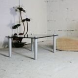 Coffee table cylindrical footings, tray smoked glass, circa 1970