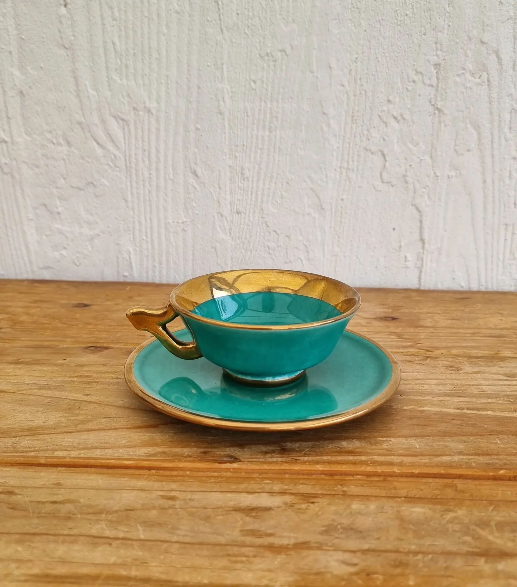Vintage coffee cup duo Magda turquoise and gold Made in France