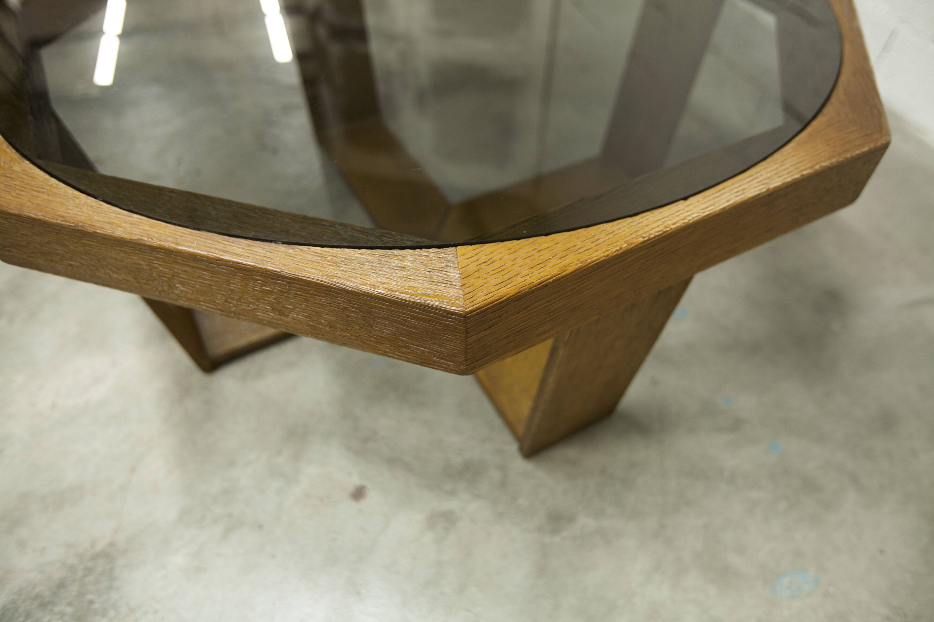 Unique hexagonal table 1977, smoked glass and oak, Swiss made.