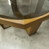 Unique hexagonal table 1977, smoked glass and oak, Swiss made.