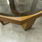 Unique hexagonal table 1977, smoked glass and oak, Swiss made.