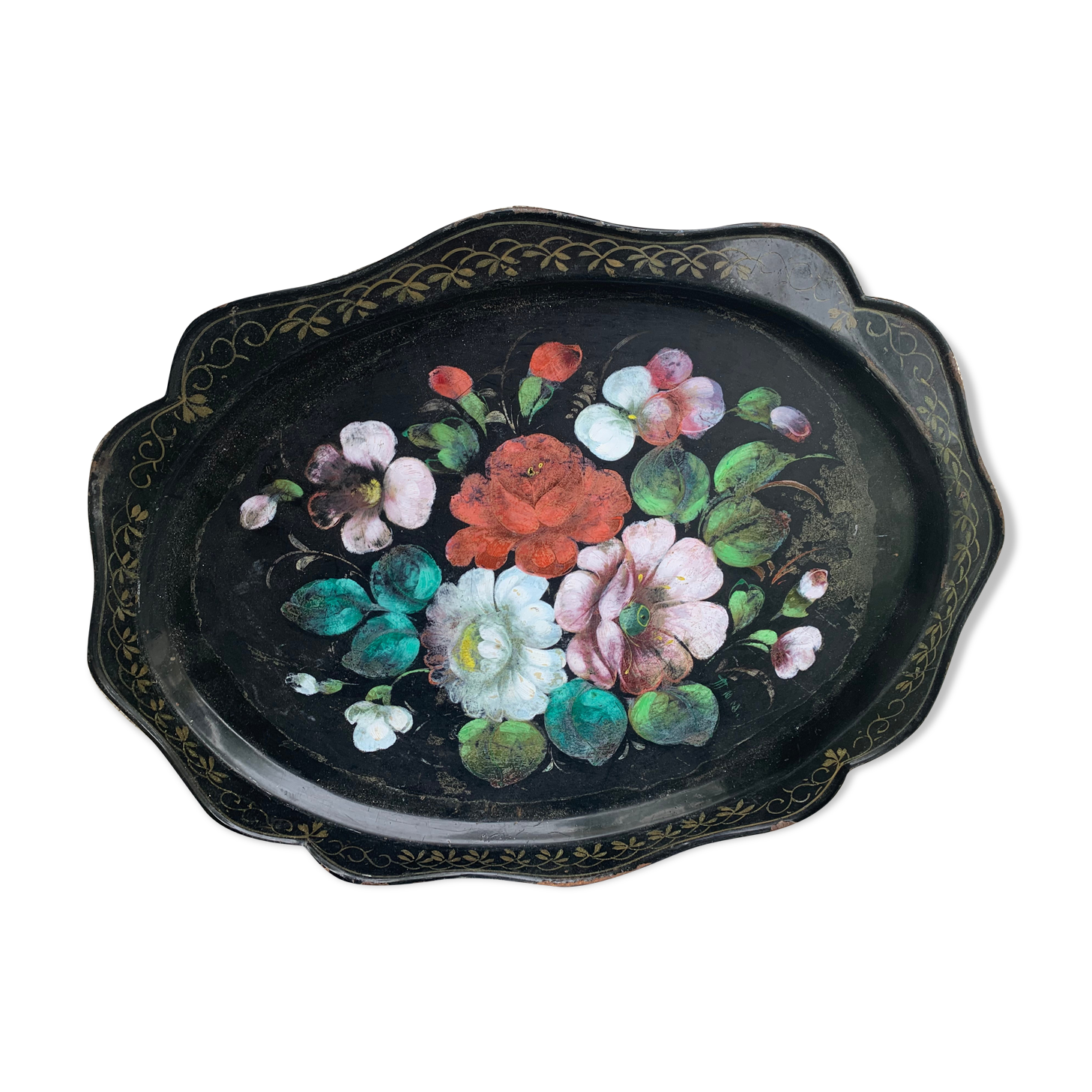 Bohemian and folkloric tray hand-painted flowers on a black metal background