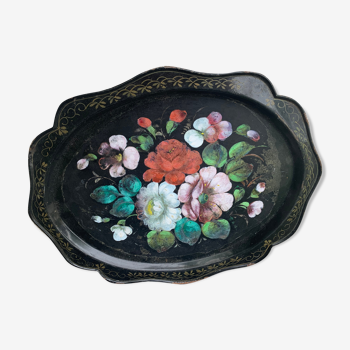 Plateau bohème et folklorique fleurs peintes à la main sur fond en métal noir