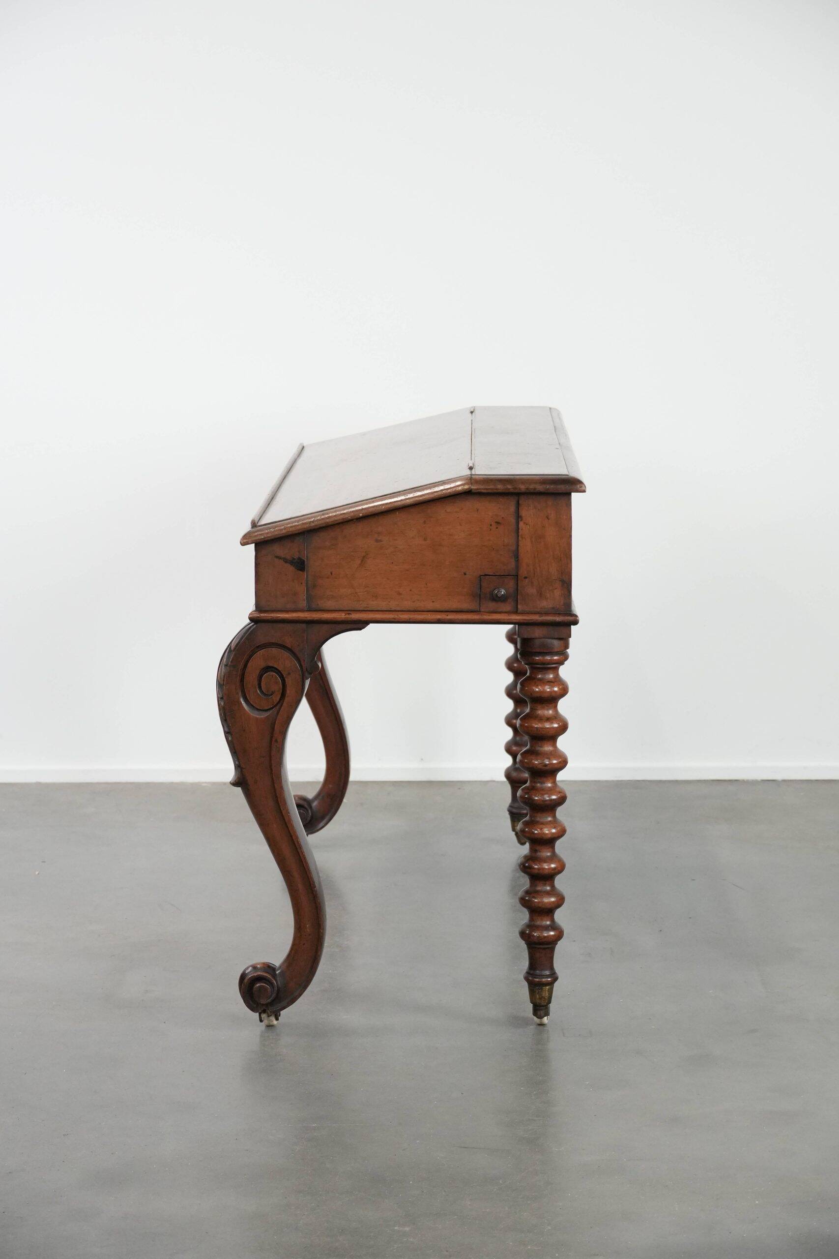19th century English antique oak wall desk/writing table on wheels