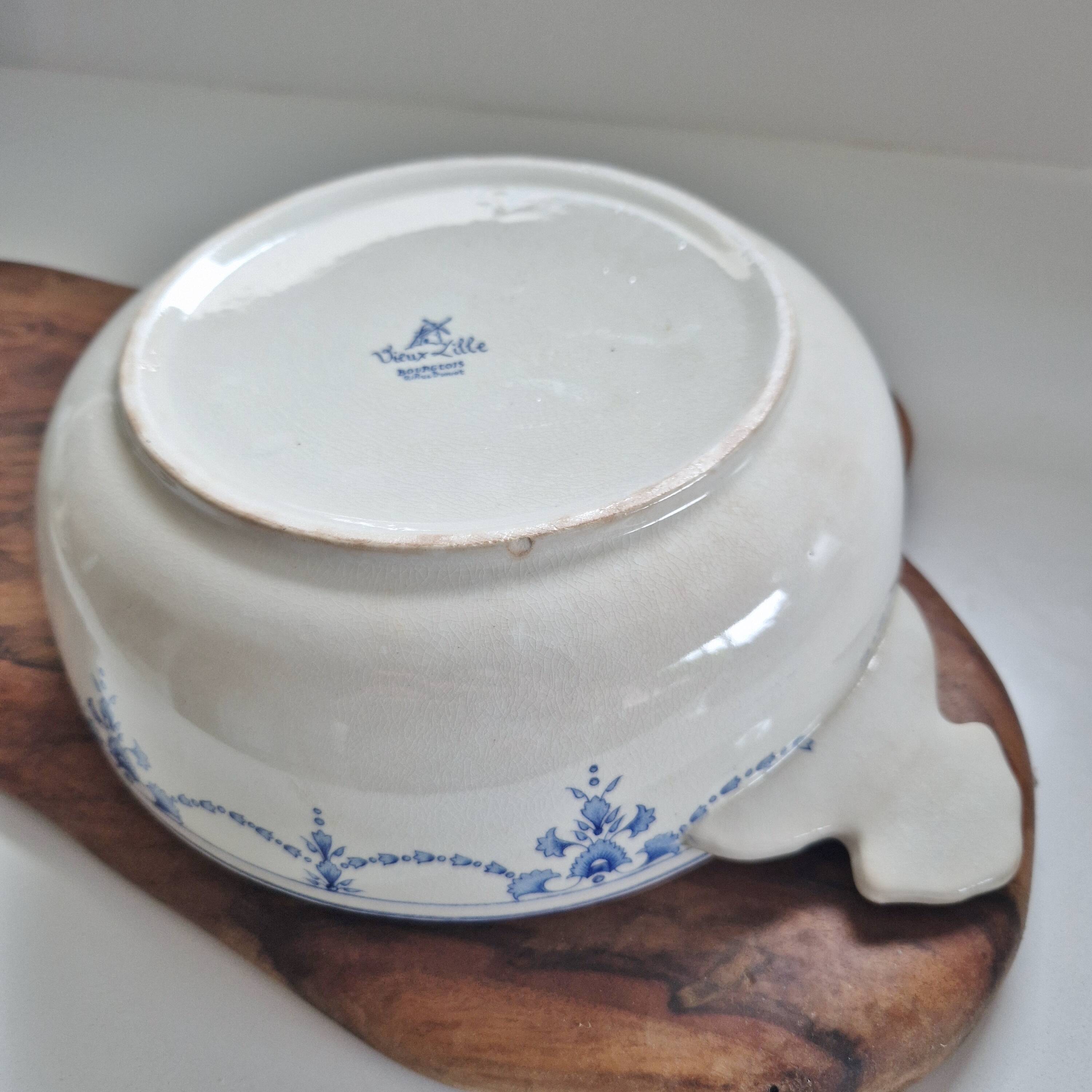 Iron earth soup tureen or vegetable dish bourgeois paris store model vieux lille blue garlands