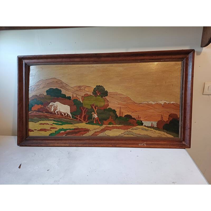 Wooden table, varnished painting signed Clavere.