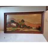 Wooden table, varnished painting signed Clavere.