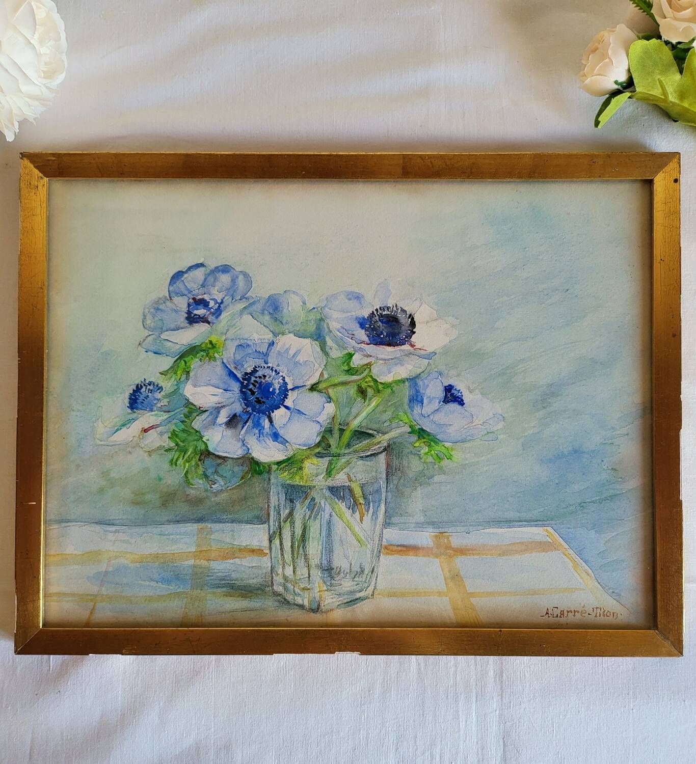 20th-century watercolor painting signed Carré-Tison, Bouquet of blue flowers