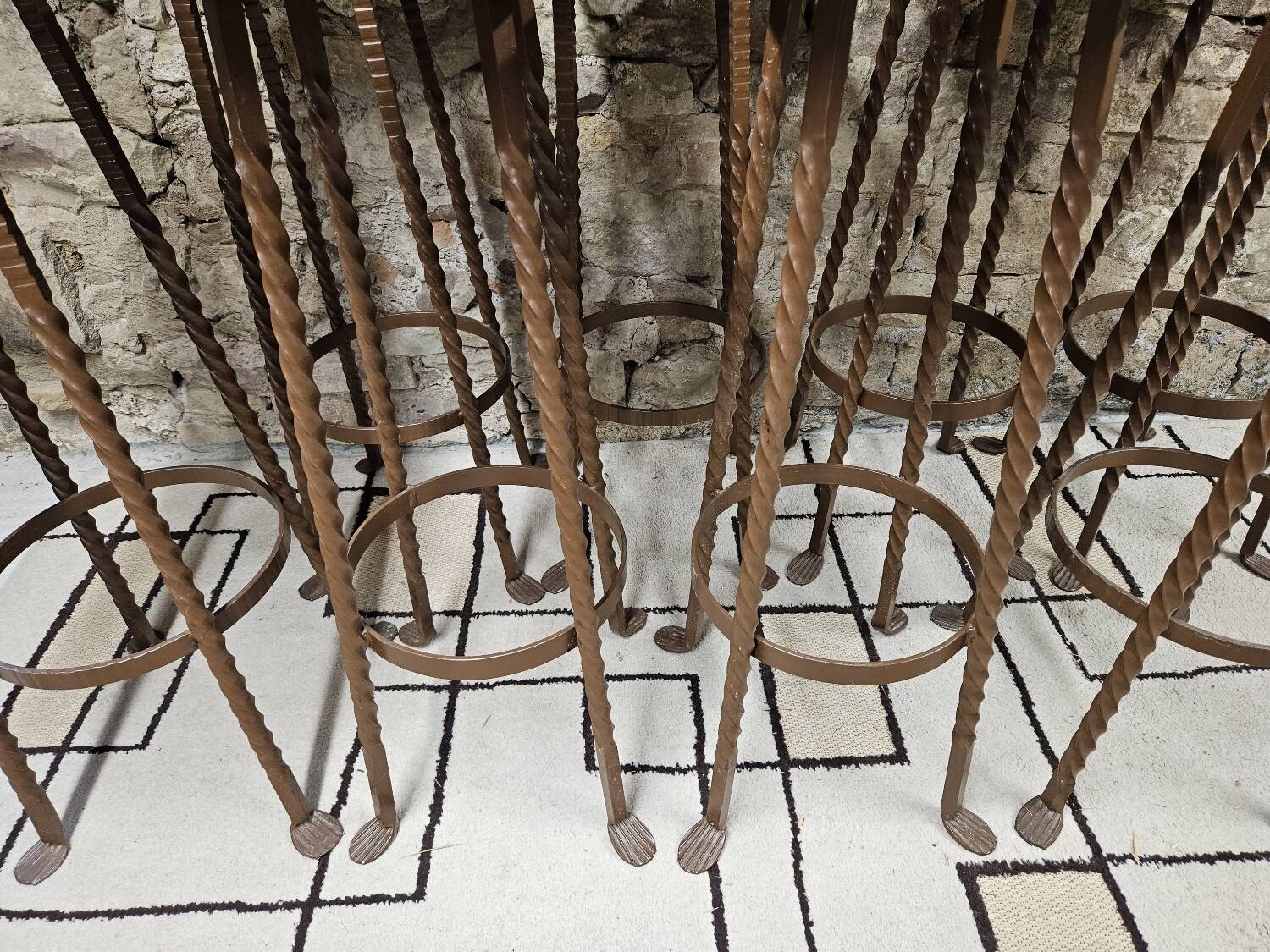 Set of 8 brutalist wrought iron bar stools 1970"