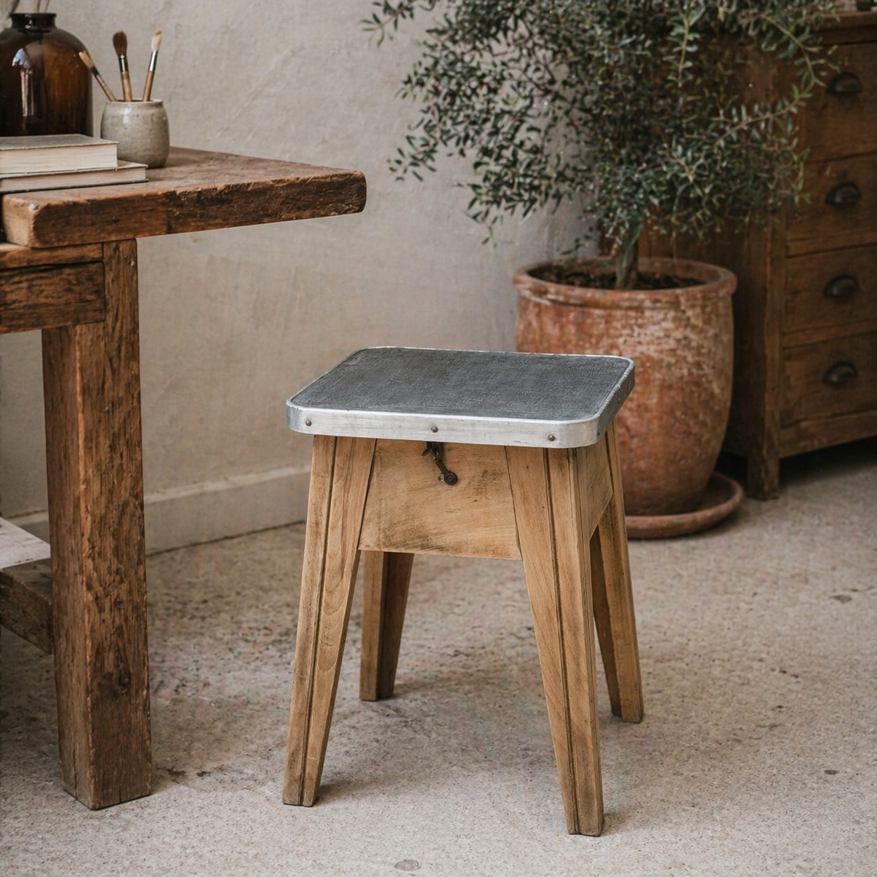 Raw wood storage stool 1950