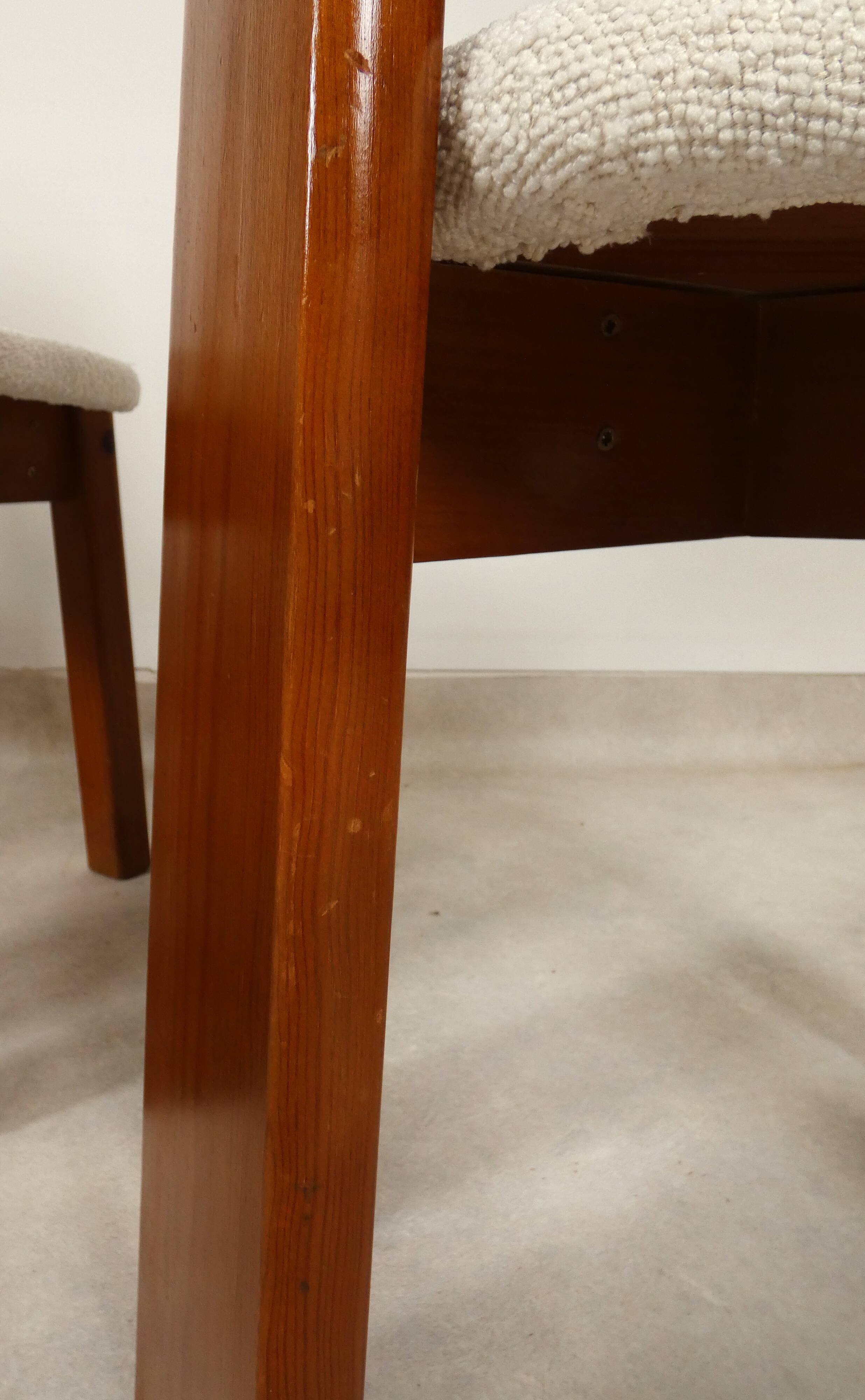 70's brutalist dining chairs in oak with bouclé fabric