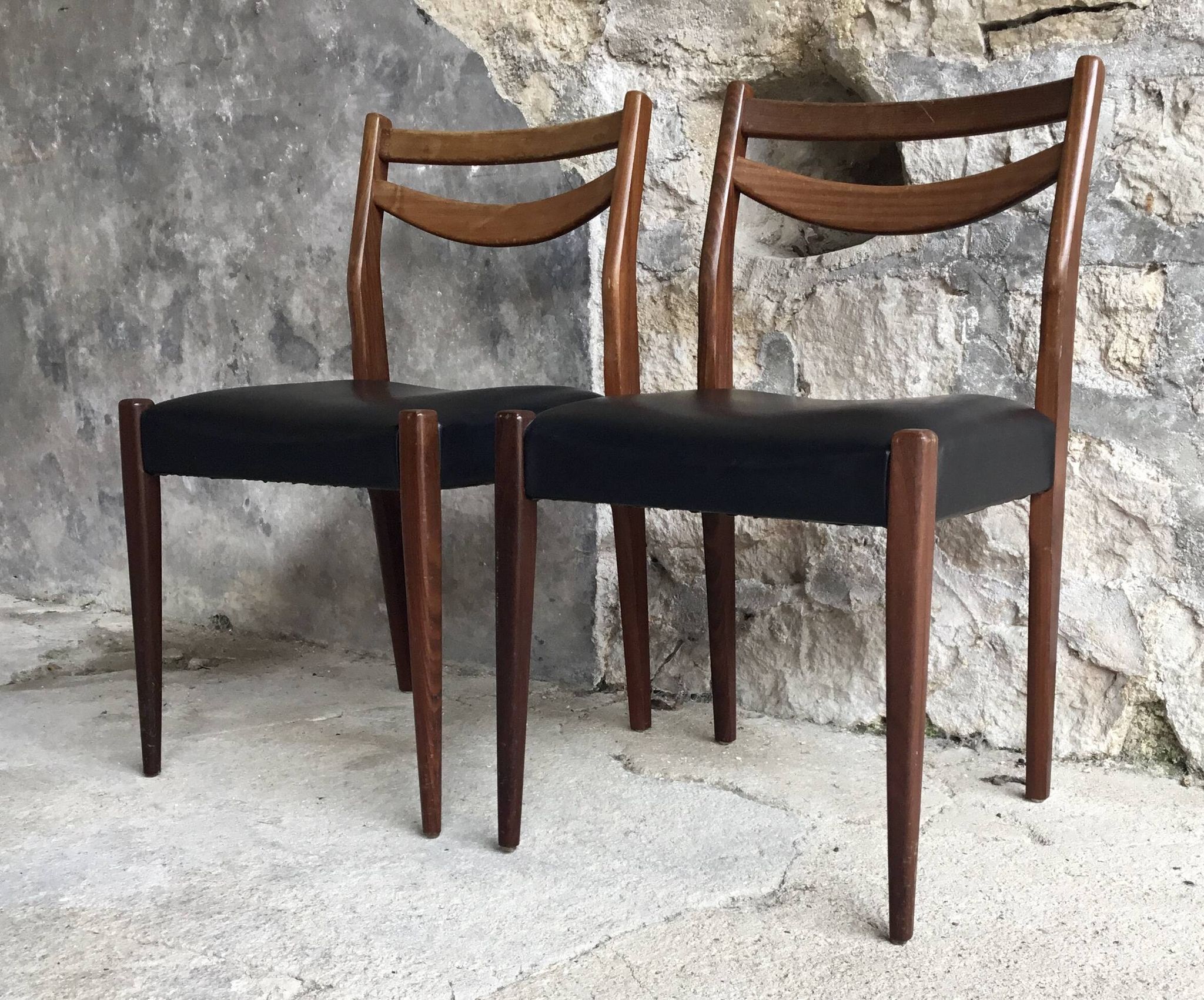 Pair of Scandinavian chairs Ameublement NF black imitation leather and teak - 1960