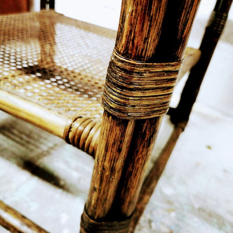 Side table in rattan and smoked glass