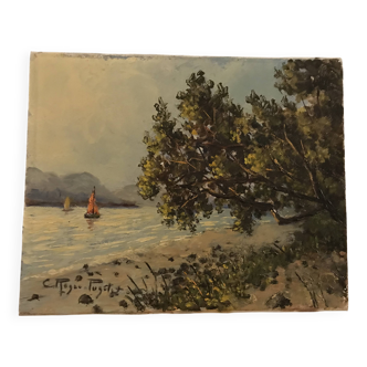 Oil painting on canvas - Marine by Claude Roger Puget (1911-2002)