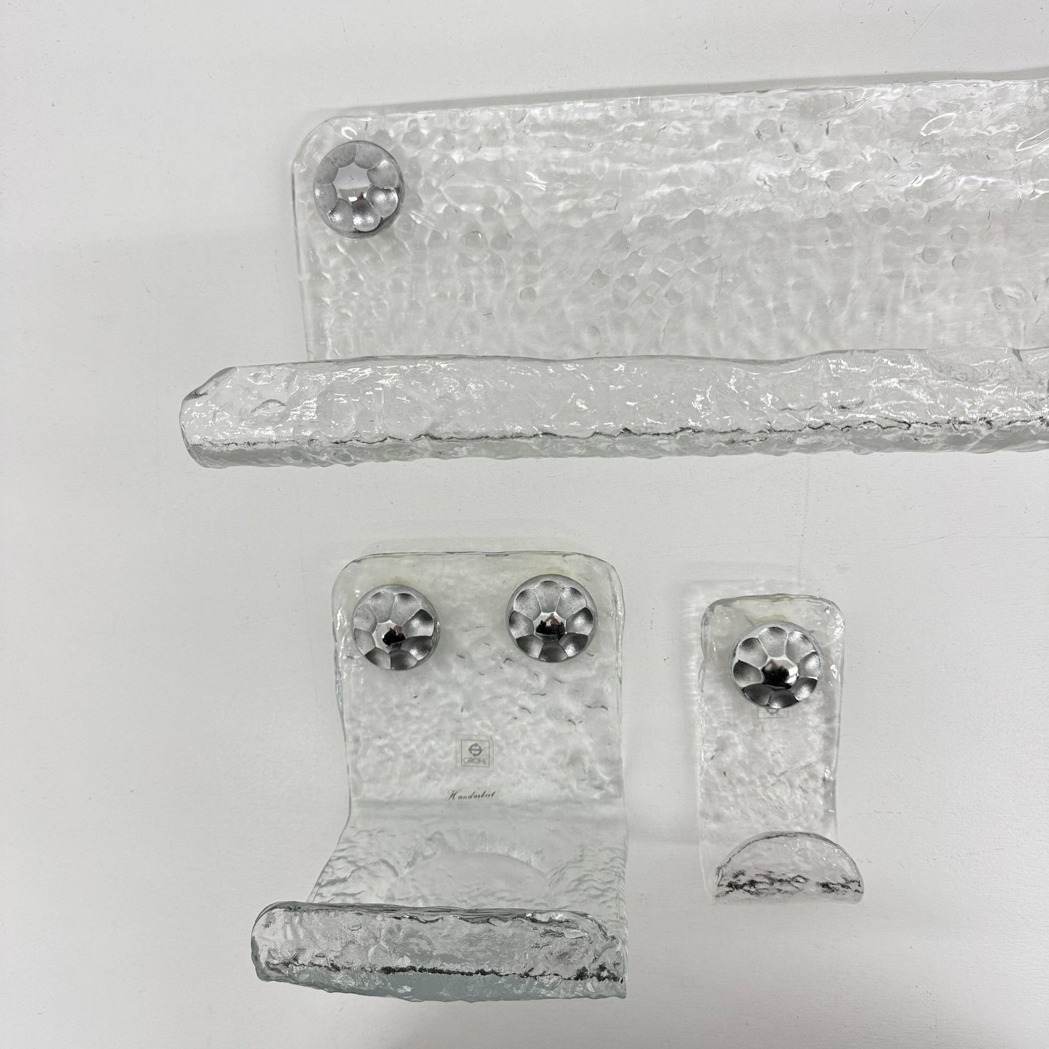 Set of Grohe ice glass bathroom set towel hanger, soap tray and plateau