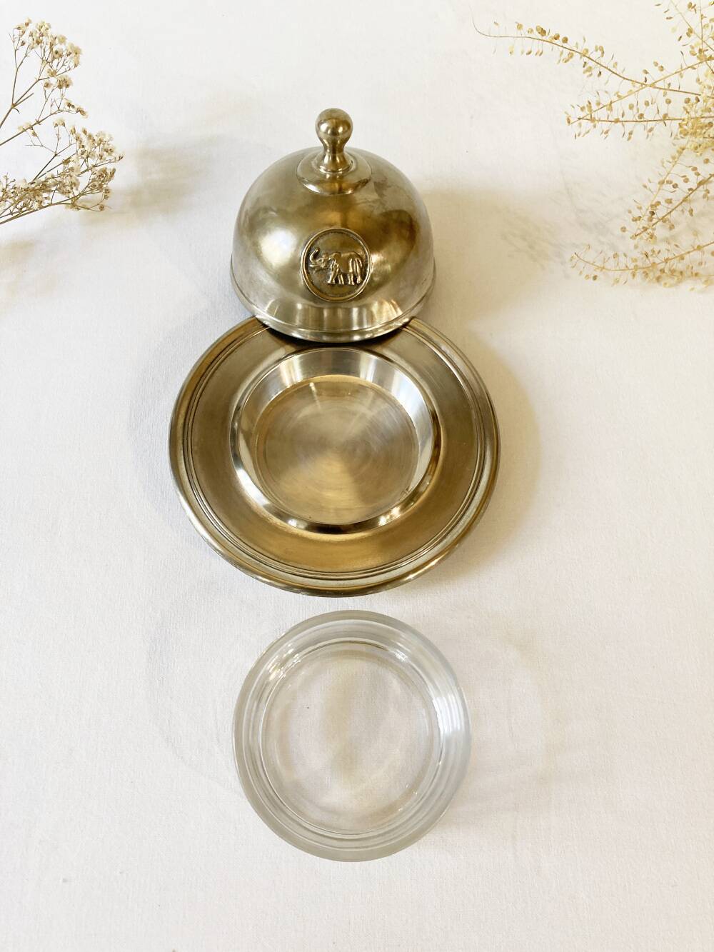 Silver-plated butter dish with elephant motif