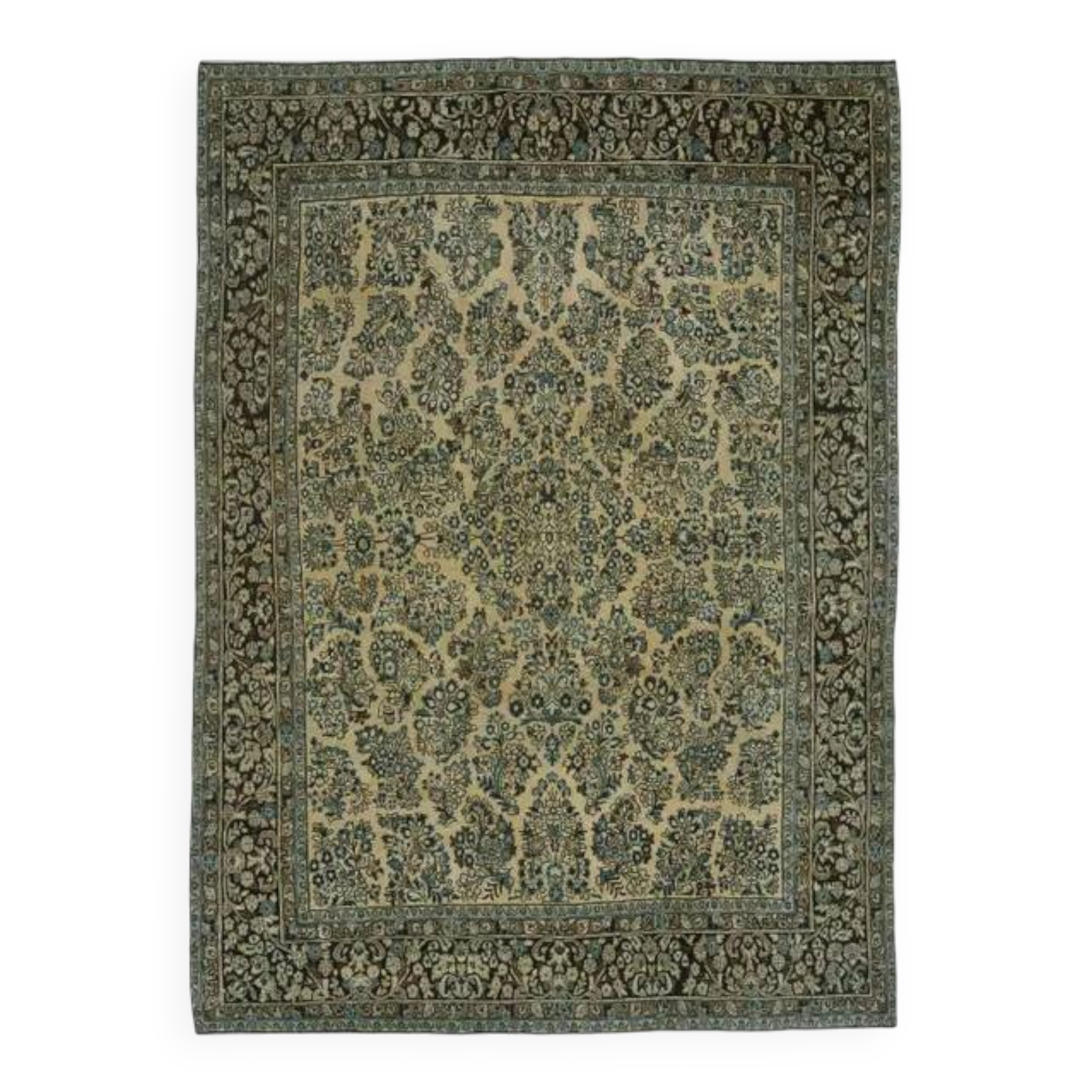 1970s Vintage Persian Handmade Wool Cotton Green Area Rug 265x368