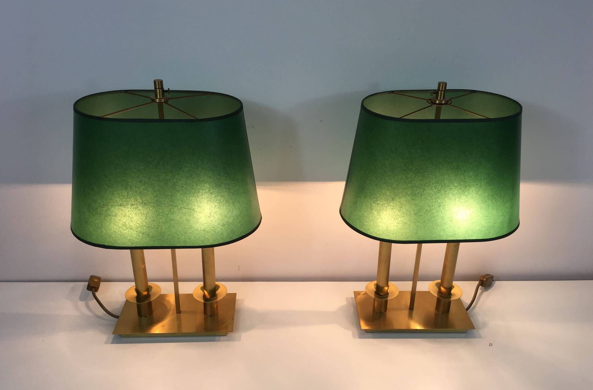 Pair of Two-Light Table Lamps in Brass with Green Shades. Work F